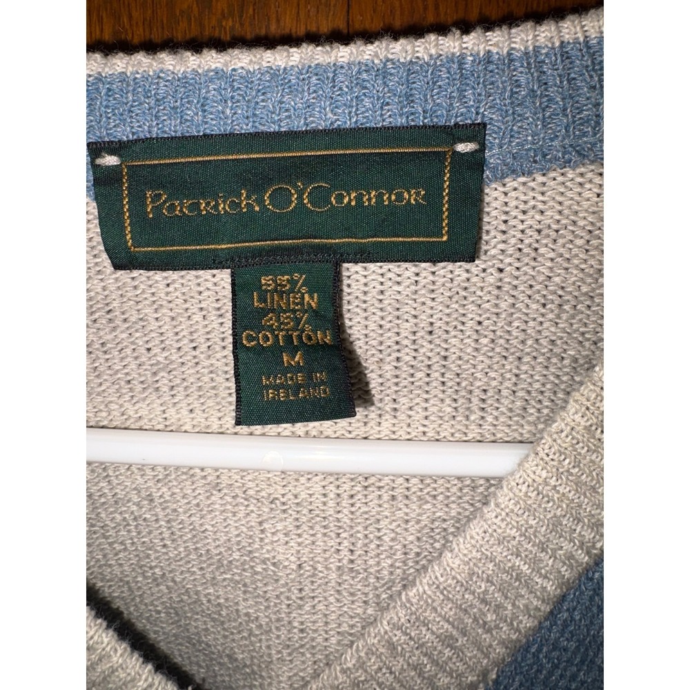 Patrick O'Connor Mens V-Neck Linen Cotton Geometric Knit Sweater Ireland Cream M - Picture 2 of 7